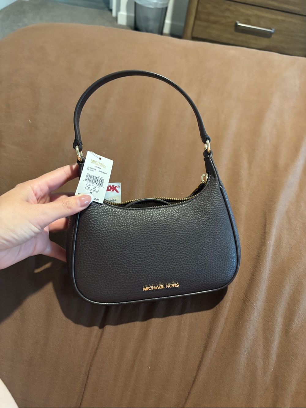 Michael Kors Small Pebbled Leather Shoulder Bag in Dark Brown with Gold Hardware